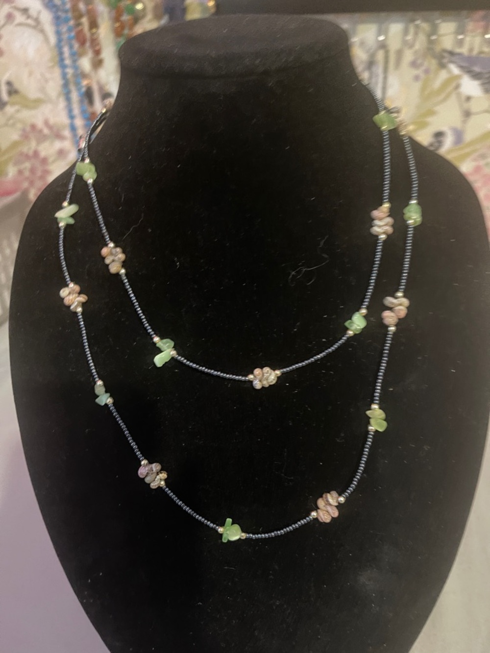 Layered Green Bead & Pearl Accent Necklace